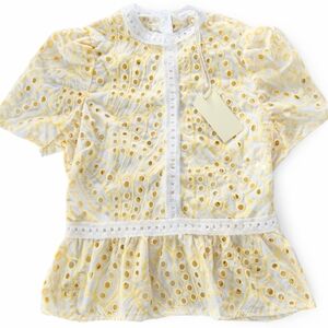 Everly Rose NWT Eyelet Peplum Top White Yellow Lace Blouse Size M Spring Summer